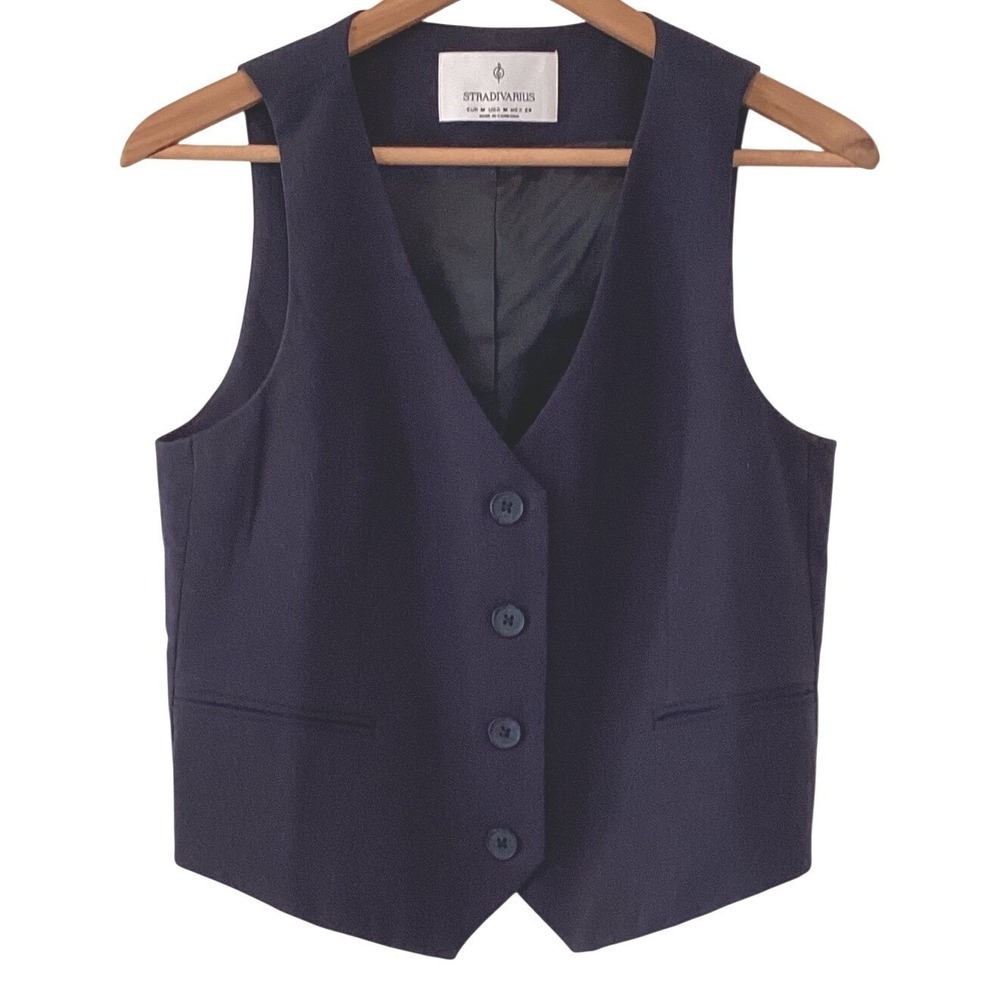 Stradivarius Womens Navy Blue Tailored Button Up Vest Sleeveless Lined Sz Medium - Picture 5 of 8